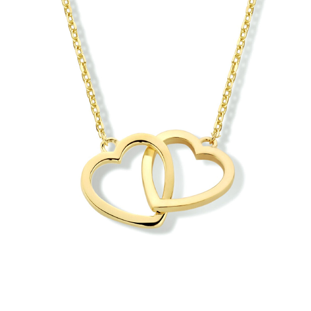Collar de corazones en oro amarillo de 14K, con cadena delicada y dos corazones entrelazados.