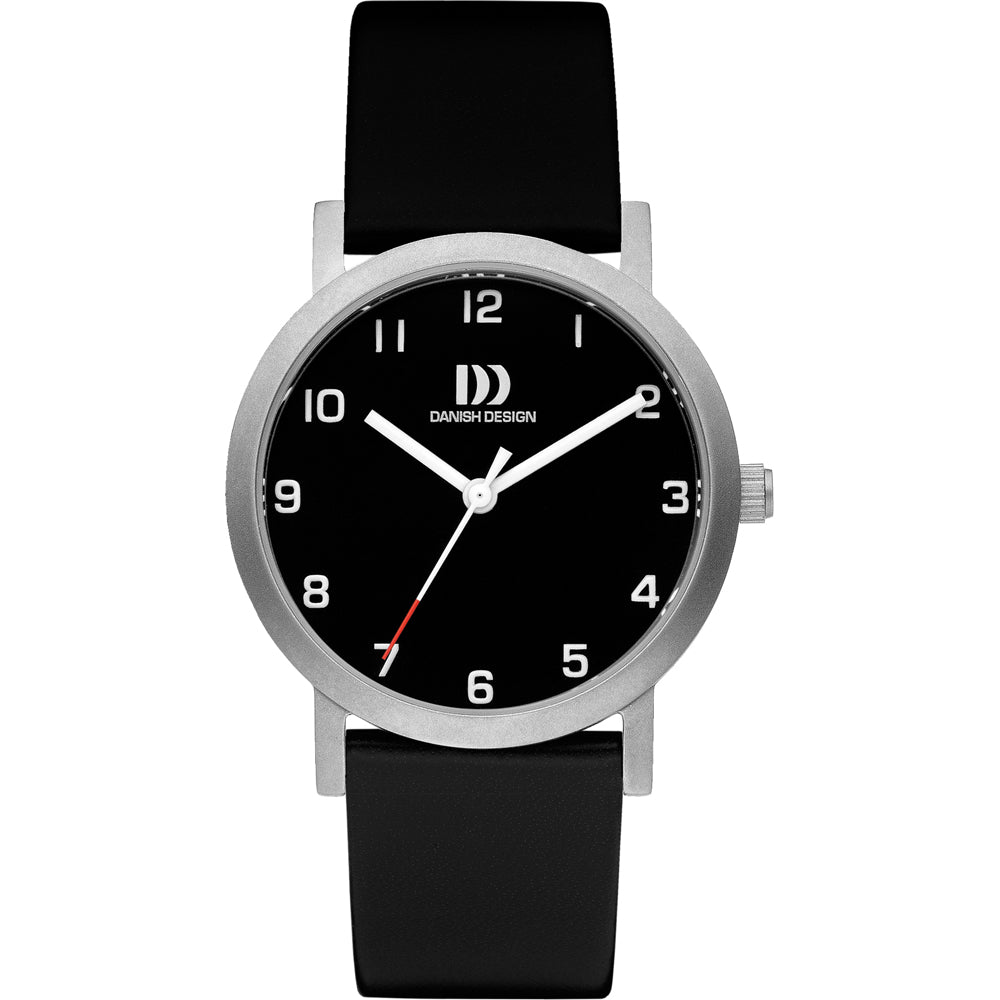 Reloj de esfera negra con correa de silicona negra y caja plateada.