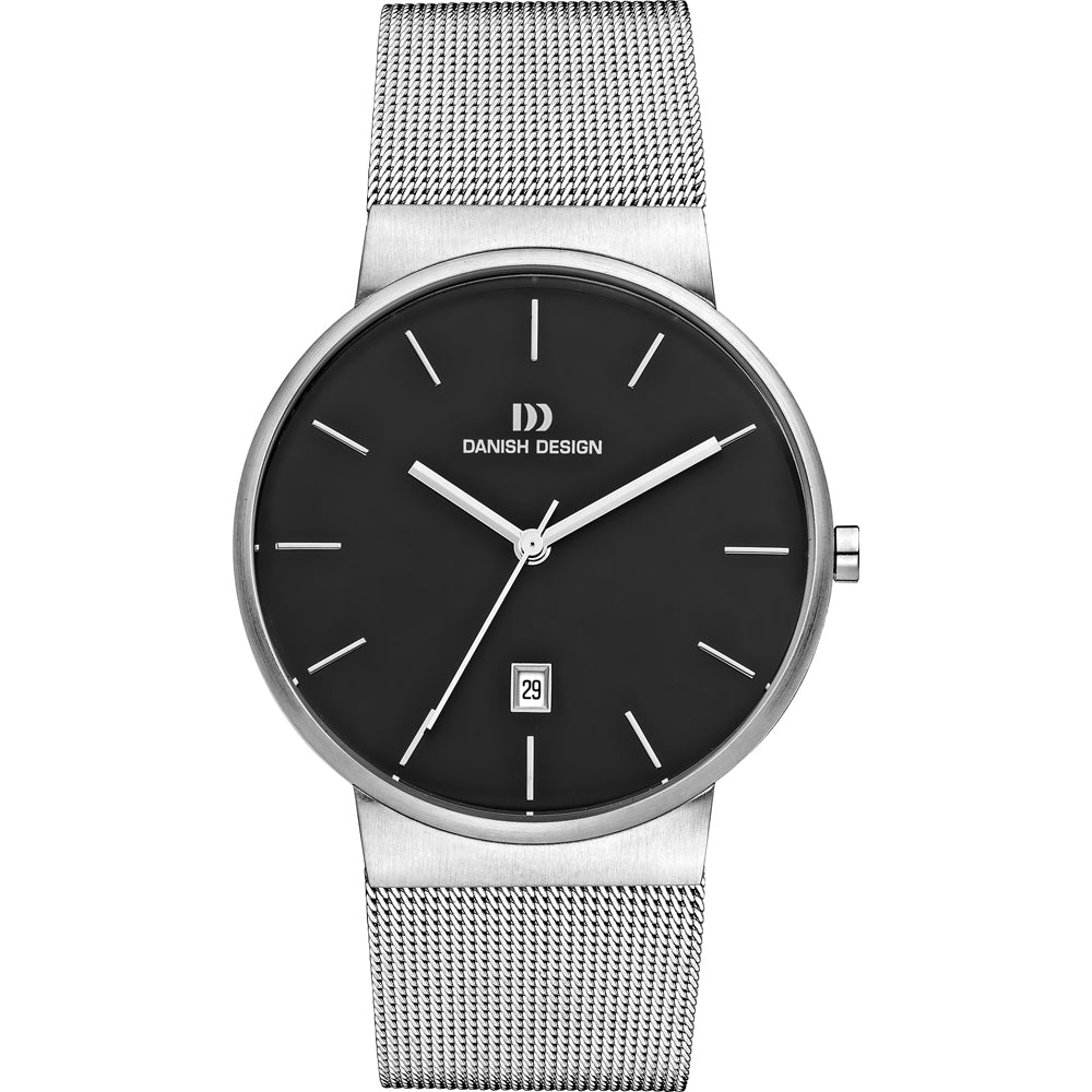 Reloj de esfera negra con correa de malla de acero inoxidable y fecha en la parte inferior.