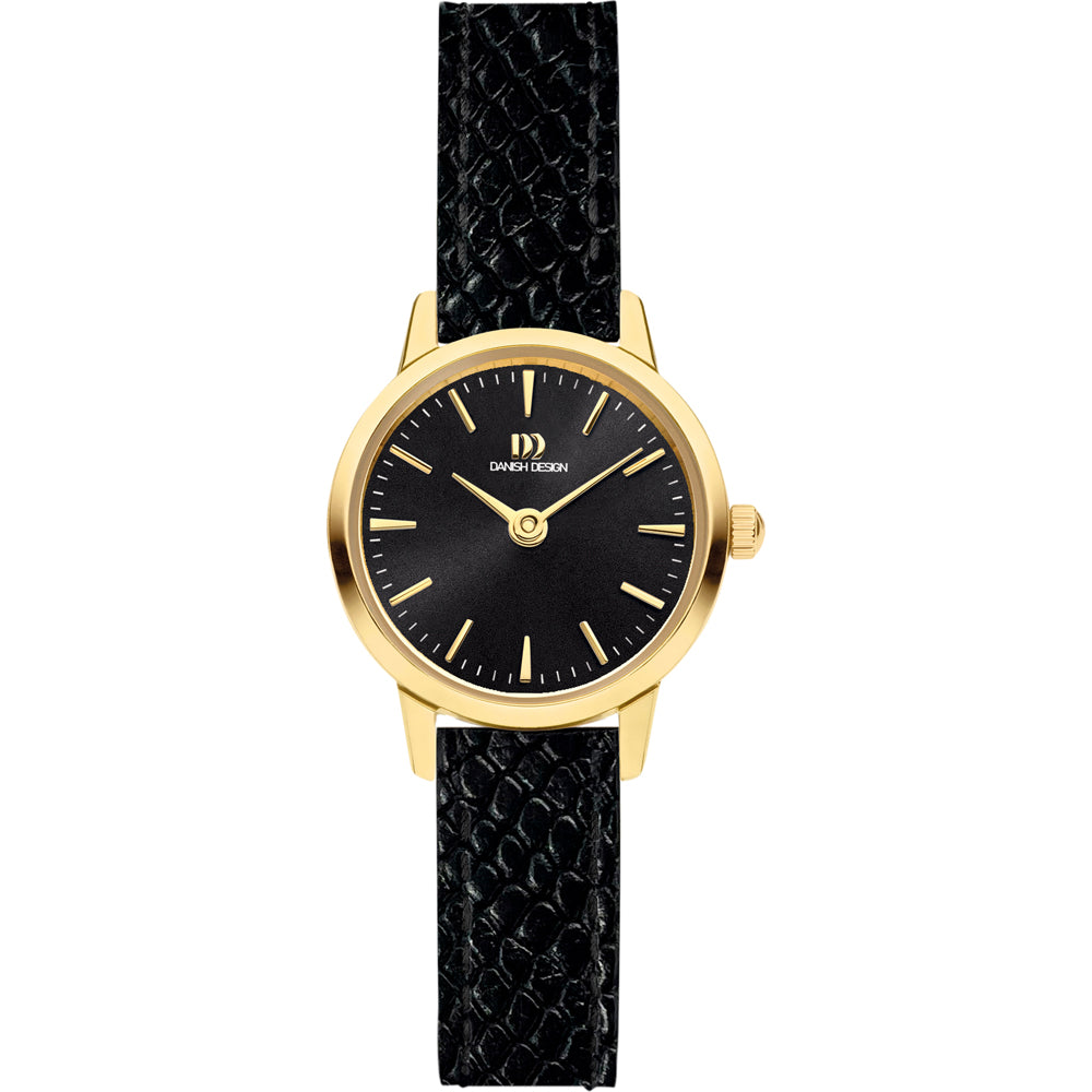 Reloj con esfera negra, caja dorada y correa de piel negra trenzada.