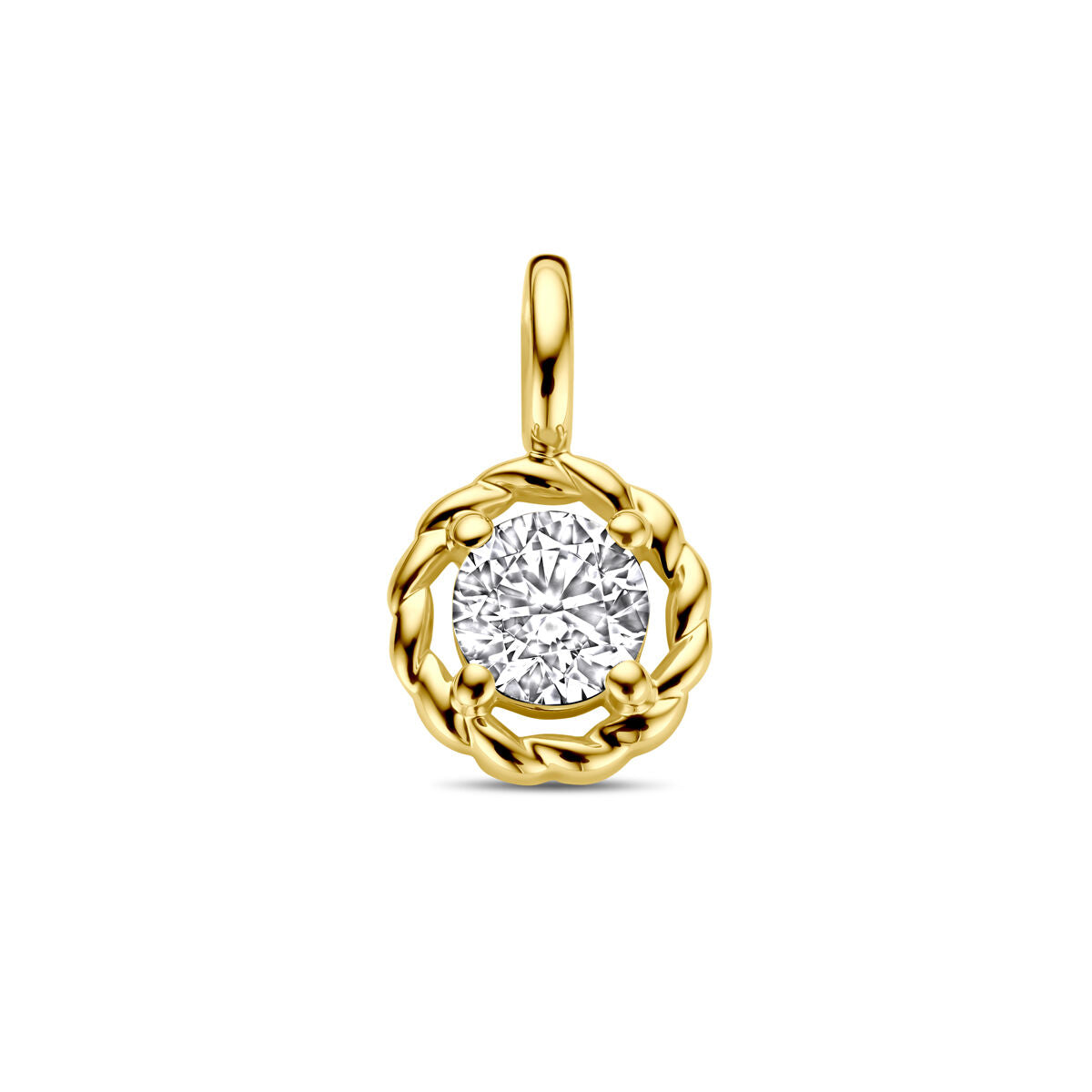 Hanger van 14K geelgoud met een ronde zirkonia, omringd door een gevlochten rand.