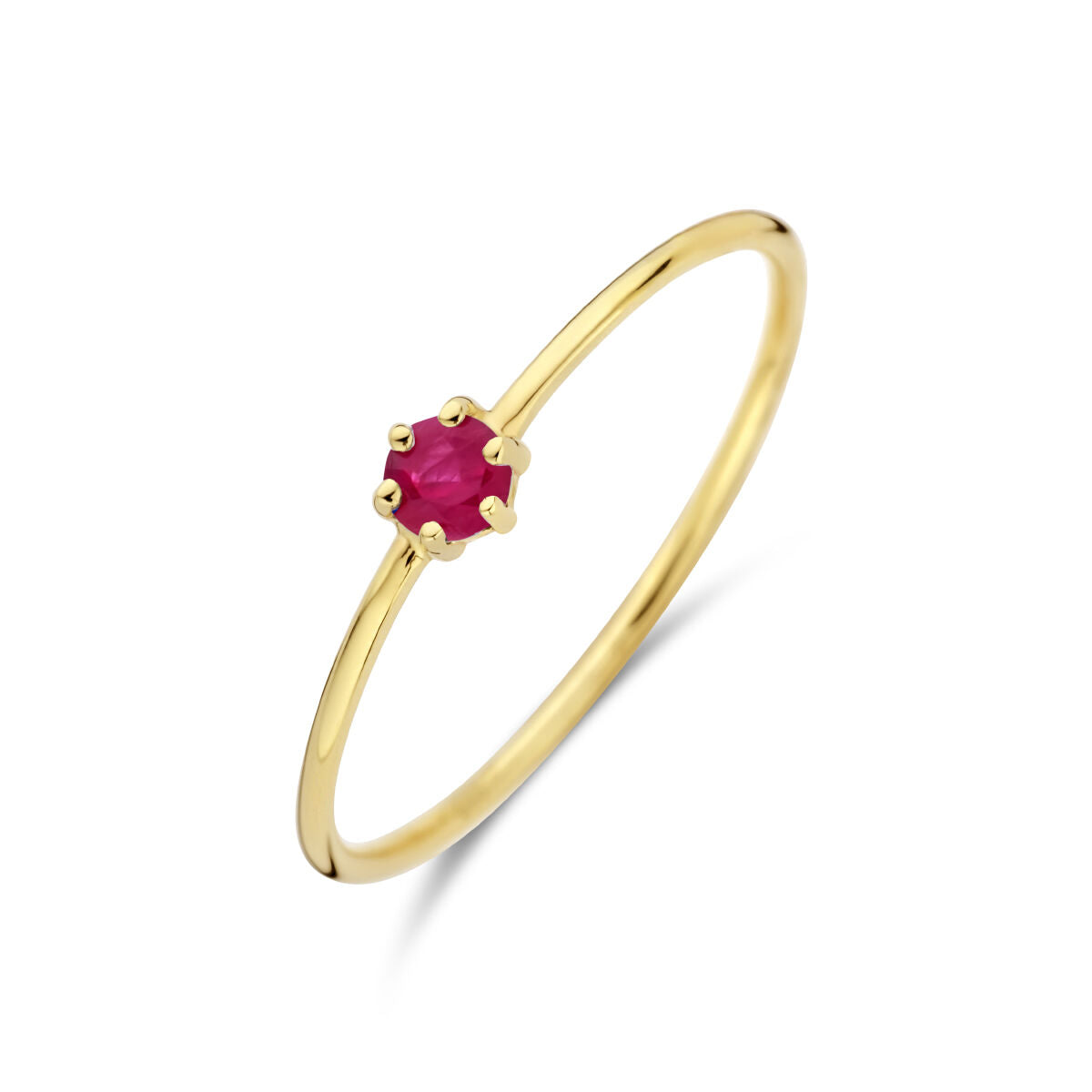 Anillo de oro amarillo de 14 quilates con piedra de nacimiento rubí en forma redonda.