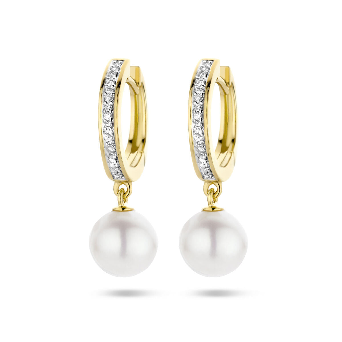 Pendientes de aro bicolor en oro amarillo de 14K con perlas y diamantes de 0.08 ct.