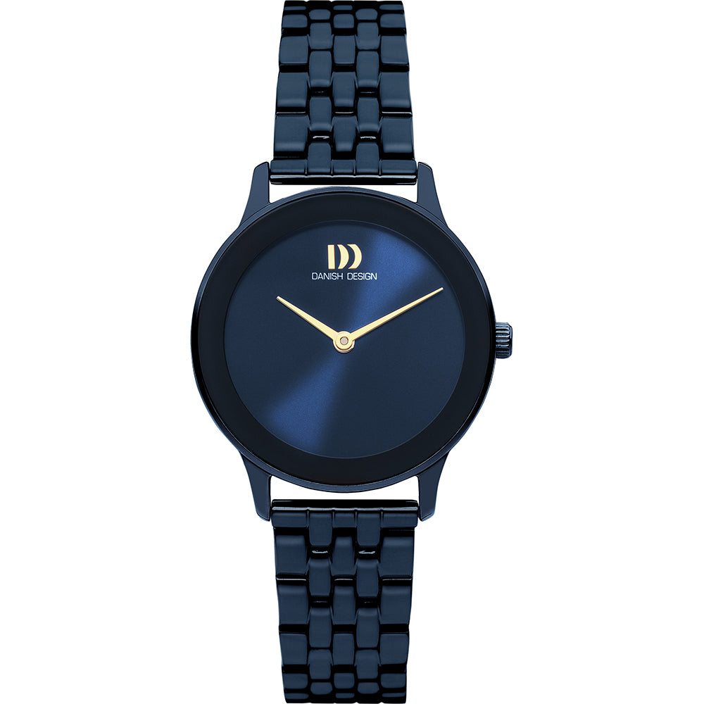 Reloj de esfera negra con correa de eslabones en acero inoxidable y detalles dorados.