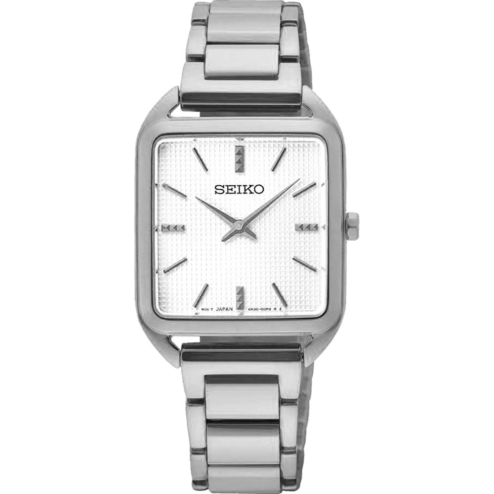 Reloj de mujer Seiko con caja rectangular plateada y esfera blanca, pulsera de acero inoxidable.