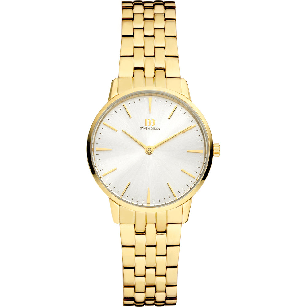 Reloj dorado con esfera plateada y correa de malla.