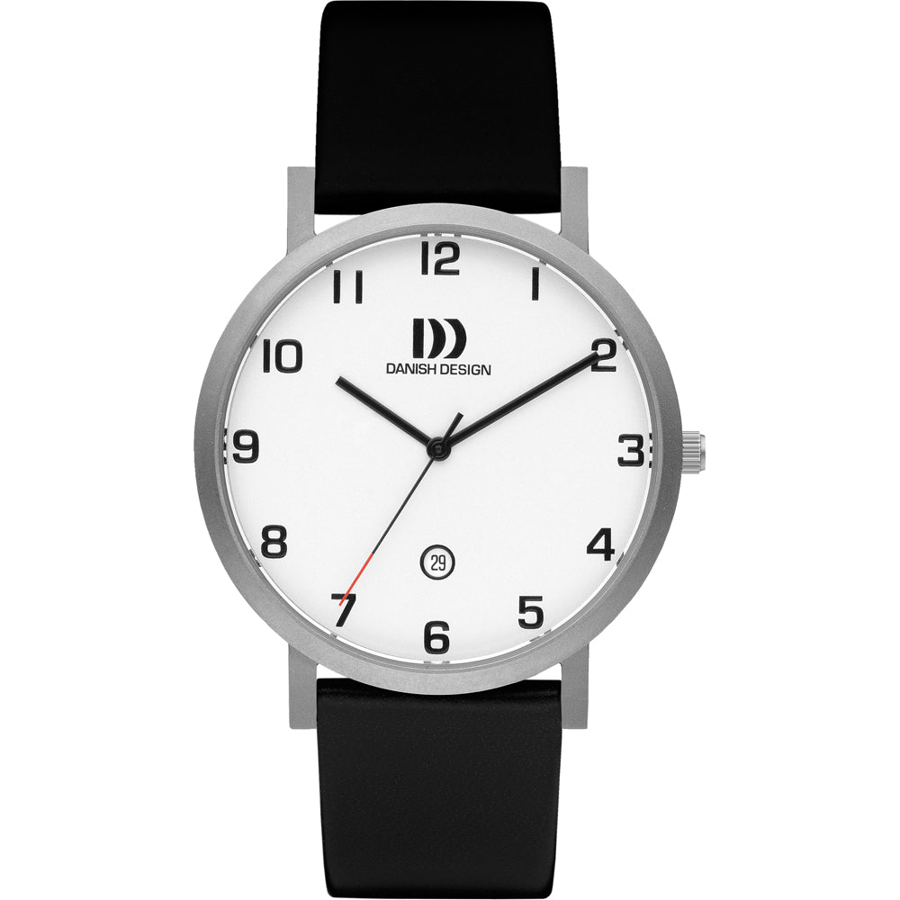 Reloj de esfera blanca con caja plateada y correa de silicona negra.