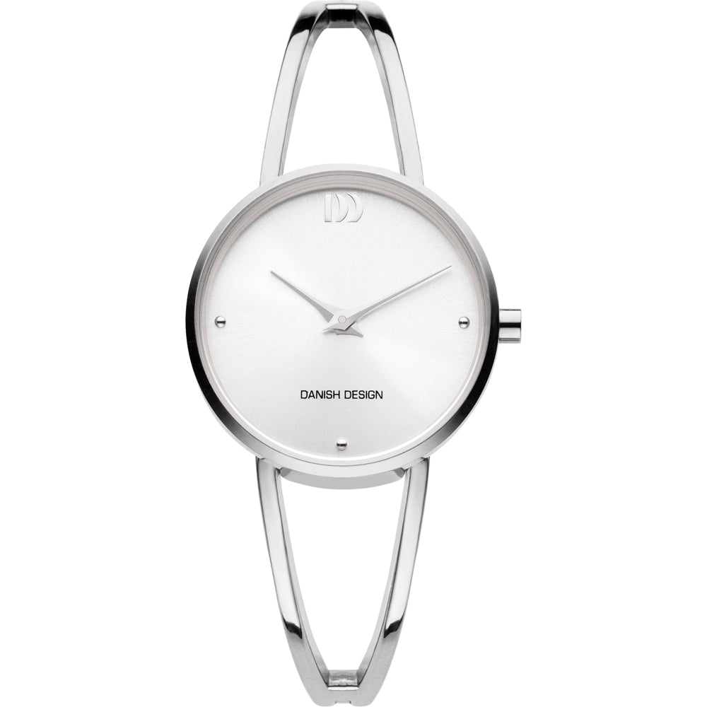 Reloj de mujer con esfera plateada y correa metálica en diseño minimalista.