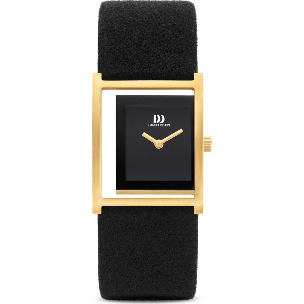 Reloj de dama con esfera negra, caja dorada rectangular y correa de cuero negra.