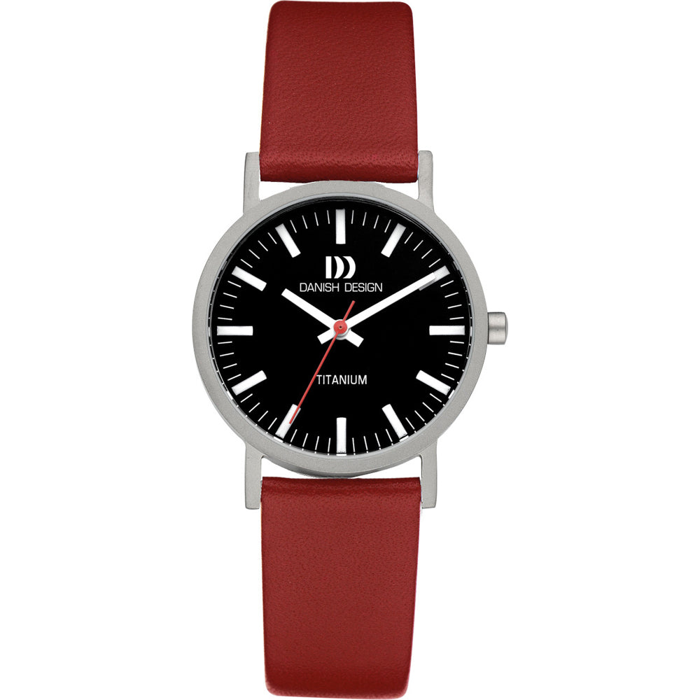Reloj de mujer con esfera negra, correa de silicona roja y caja de titanio.