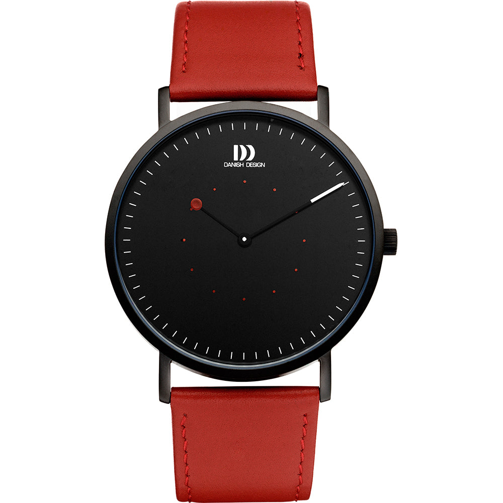 Reloj con esfera negra, correa de cuero roja y detalles en color rojo.