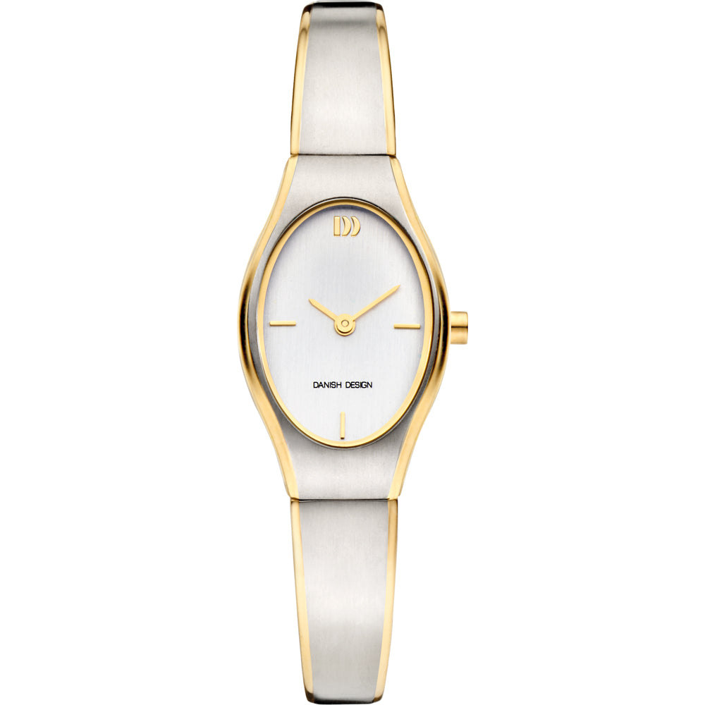 Reloj de esfera plateada con correa bicolor dorada y plateada, diseño minimalista.