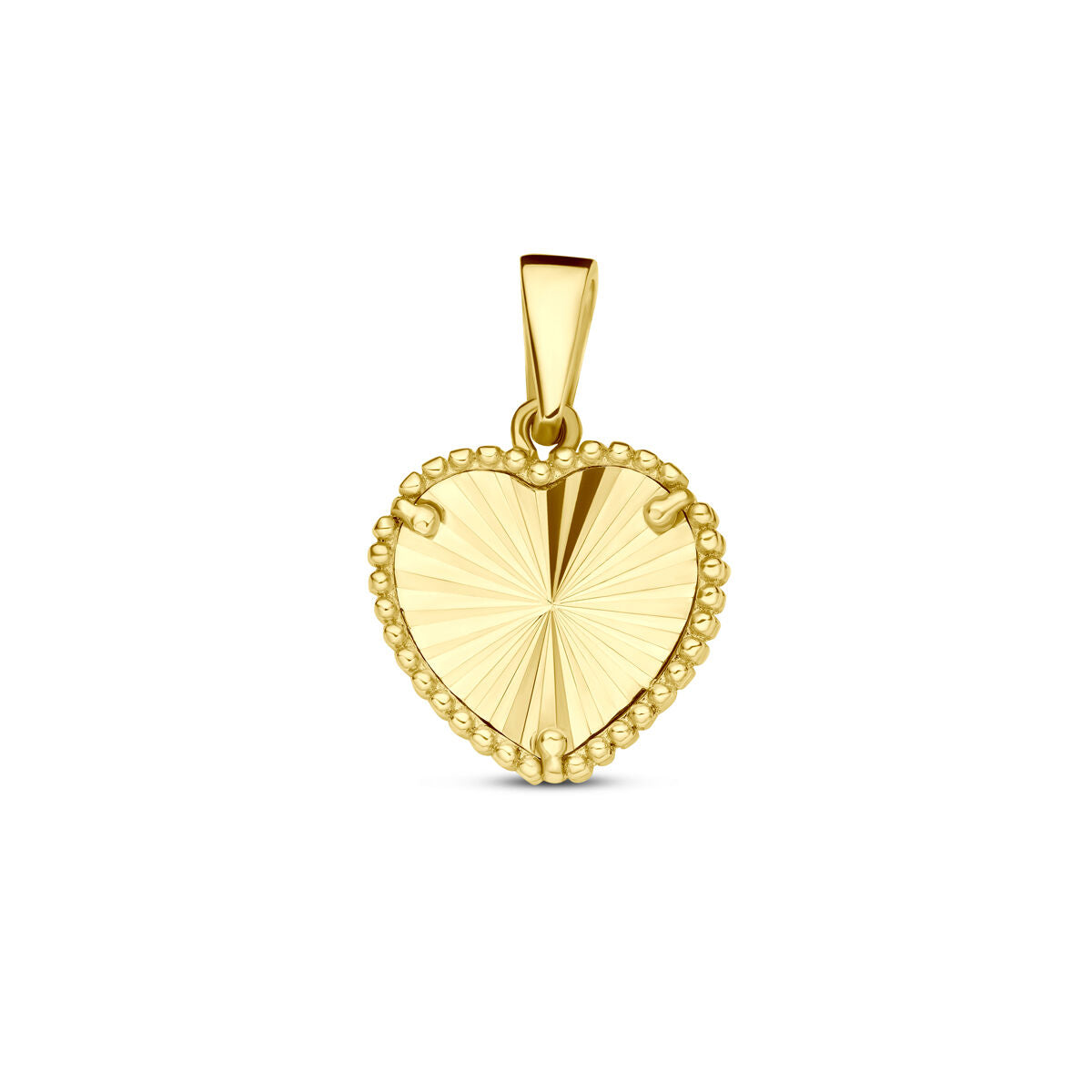 Colgante en forma de corazón de oro amarillo de 14K con acabado diamantado y borde de bolitas.