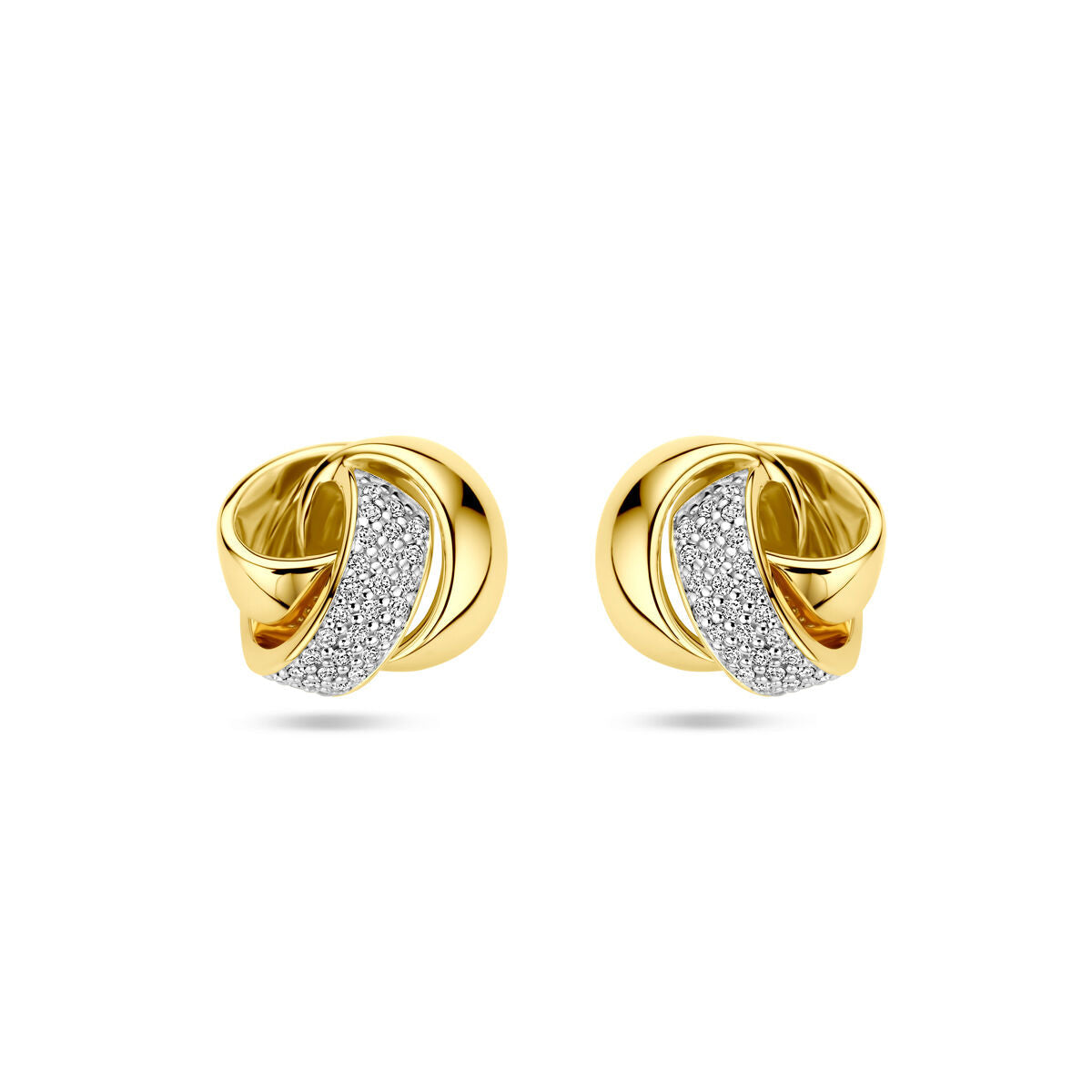 Pendientes de botón de oro amarillo de 14K con diamantes de 0.19 ct en forma de nudo.