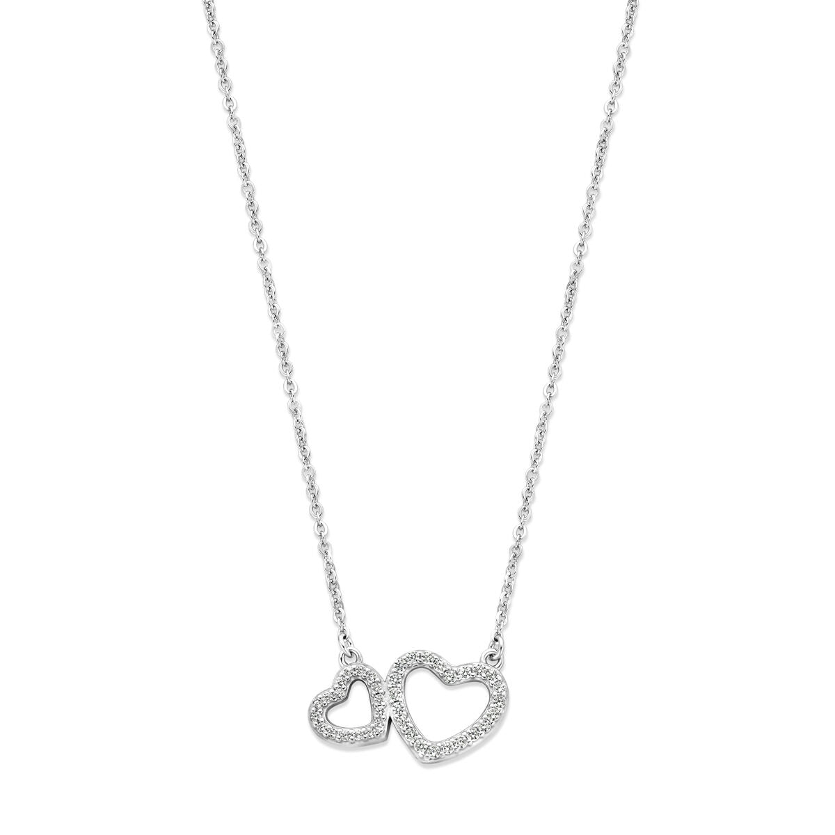 Cadena de plata con corazones y circonitas, acabada en rodio.