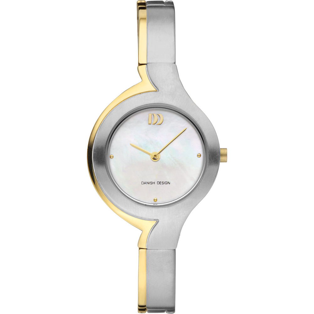 Reloj con esfera de madreperla, caja plateada y detalles dorados en la correa.