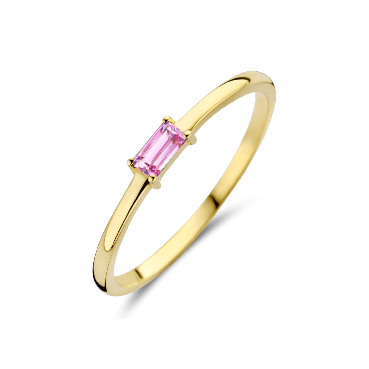 Anillo de oro amarillo de 14 quilates con piedra de nacimiento de turmalina rosa.