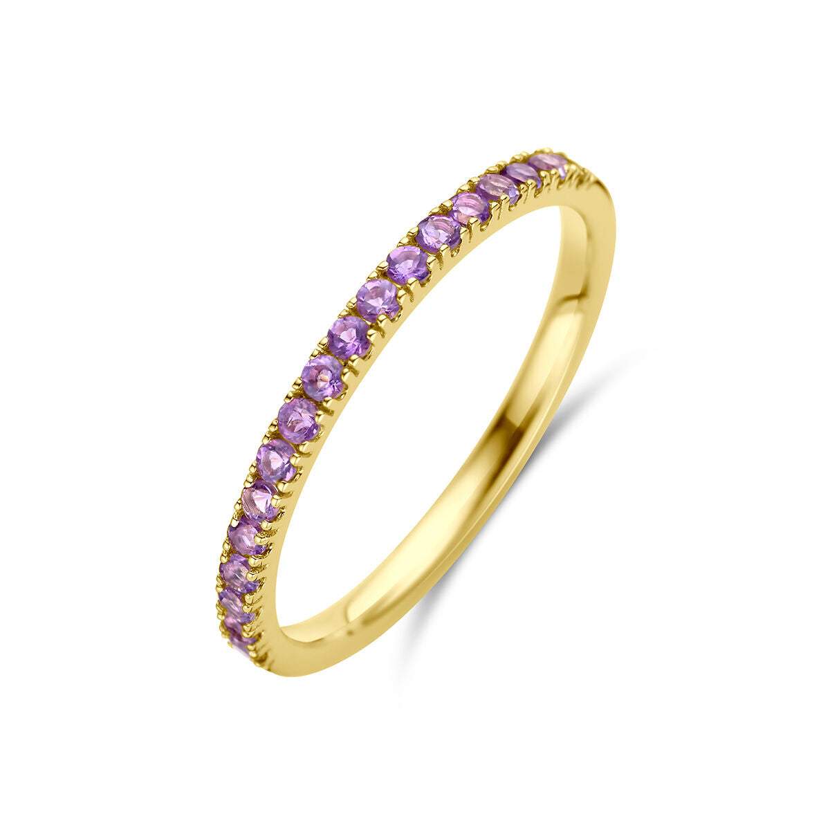 Anillo de oro amarillo de 14K con piedras de ametrino morado.