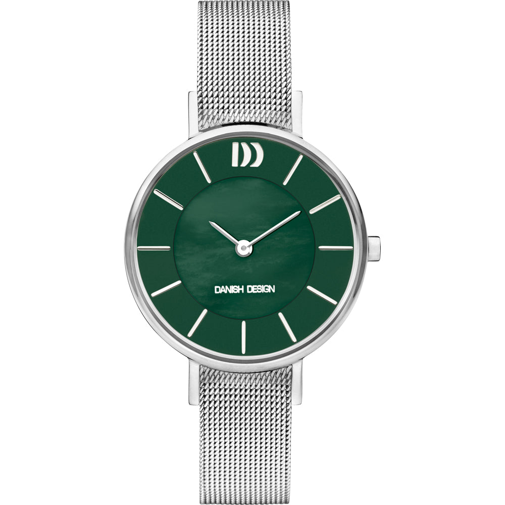 Reloj con esfera verde, correa de malla de acero inoxidable y detalles plateados.