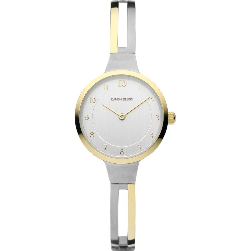 Reloj con esfera blanca, caja plateada y detalles dorados, correa metálica con diseño minimalista.