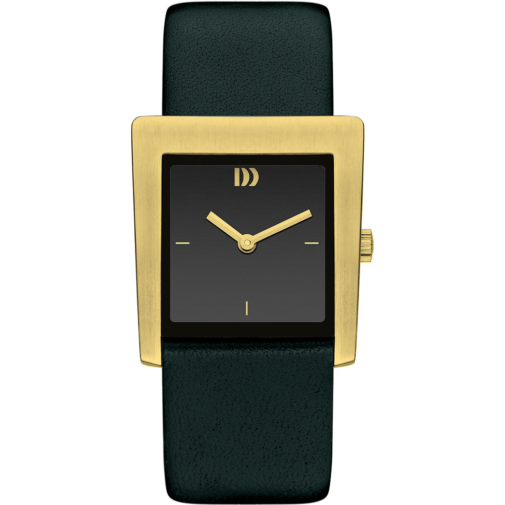 Reloj rectangular con caja dorada, esfera negra y correa de cuero verde.