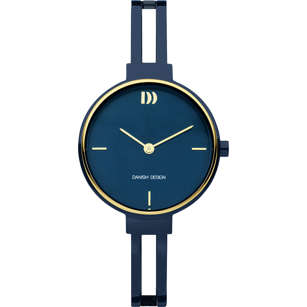 Reloj de esfera azul con detalles dorados y correa metálica delgada.