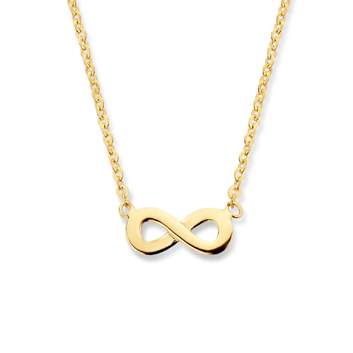 Collar de oro amarillo de 14K con colgante de símbolo de infinito, longitud ajustable de 41,5 a 44,5 cm.