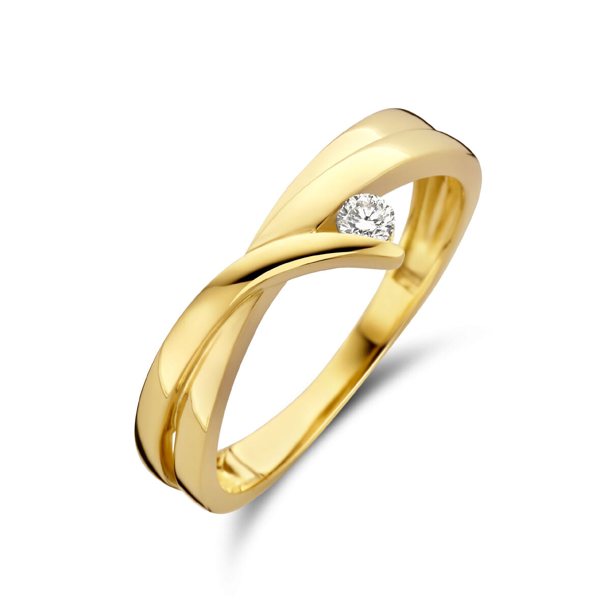 Anillo de oro amarillo de 14 quilates con diamante de 0.06 ct, diseño entrelazado.