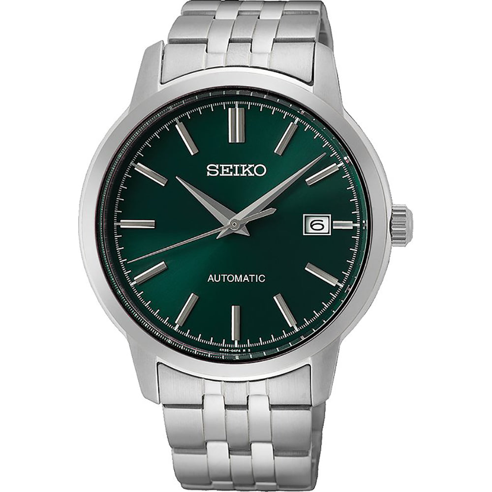 Reloj de hombre Seiko con esfera verde, caja de acero inoxidable y correa de eslabones plateados.