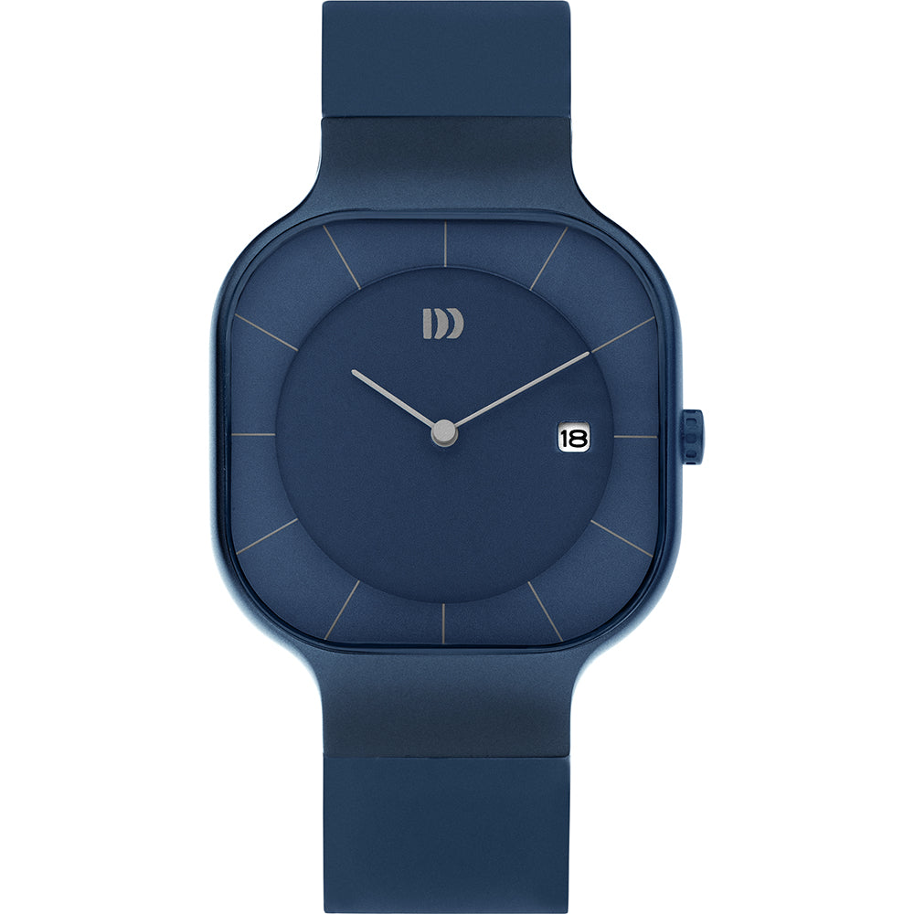 Reloj de esfera cuadrada azul con correa de silicona y fecha en la posición de las 6.