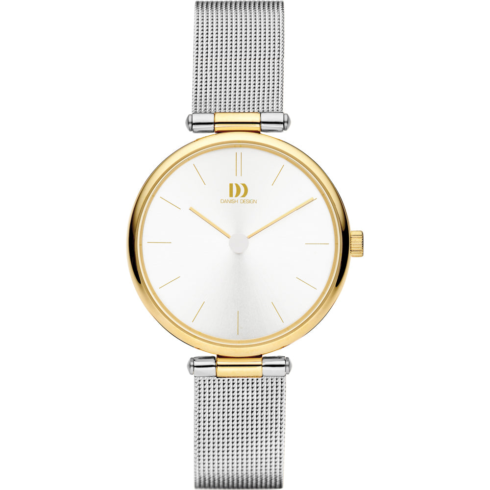 Reloj con esfera blanca, caja dorada y correa de malla plateada.
