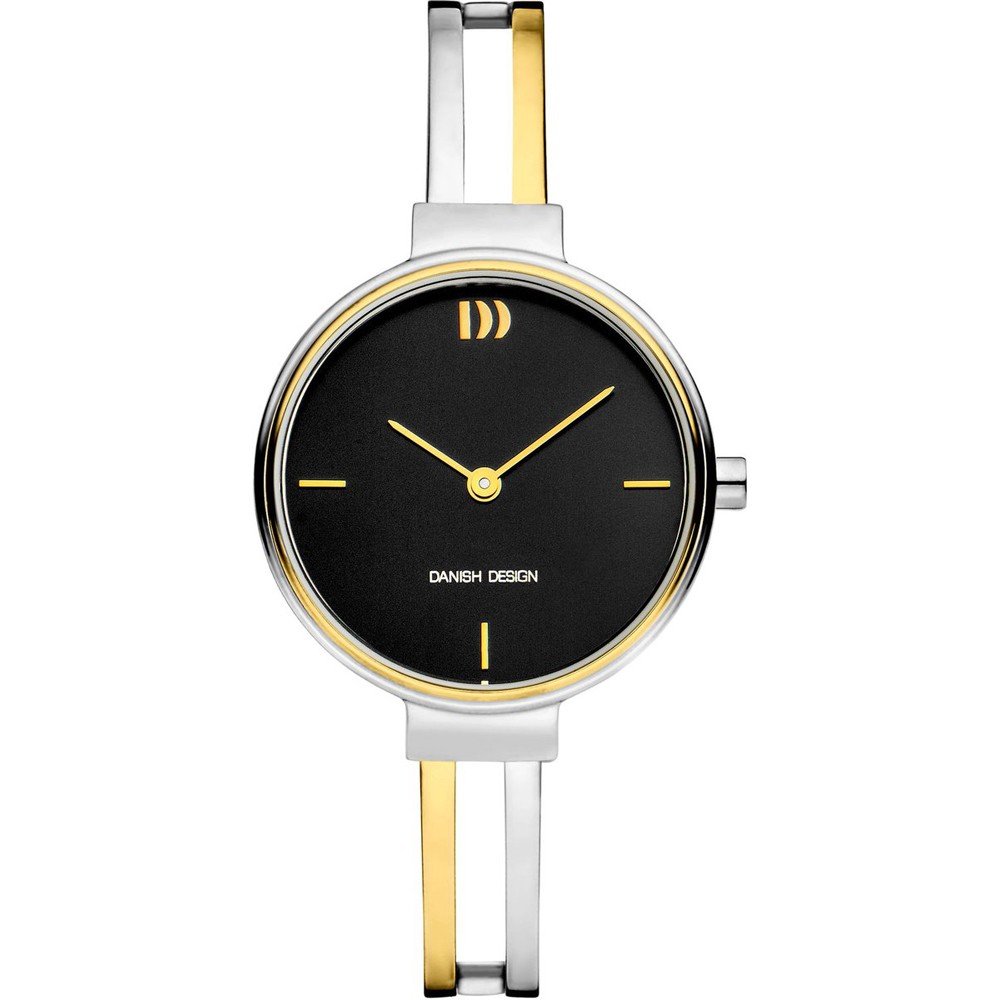 Reloj de esfera negra con detalles dorados y correa de acero inoxidable bicolor.