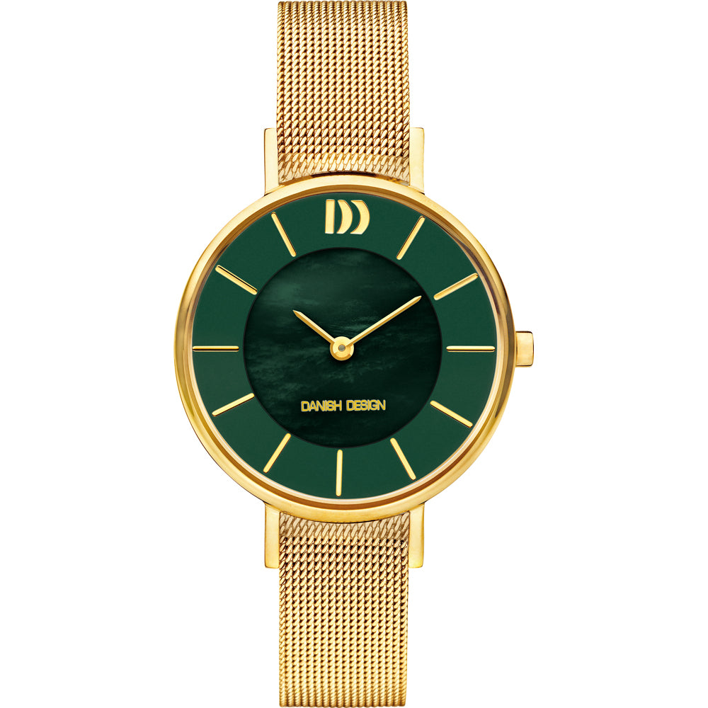 Reloj con esfera verde y malla dorada, diseño minimalista y marcadores en dorado.