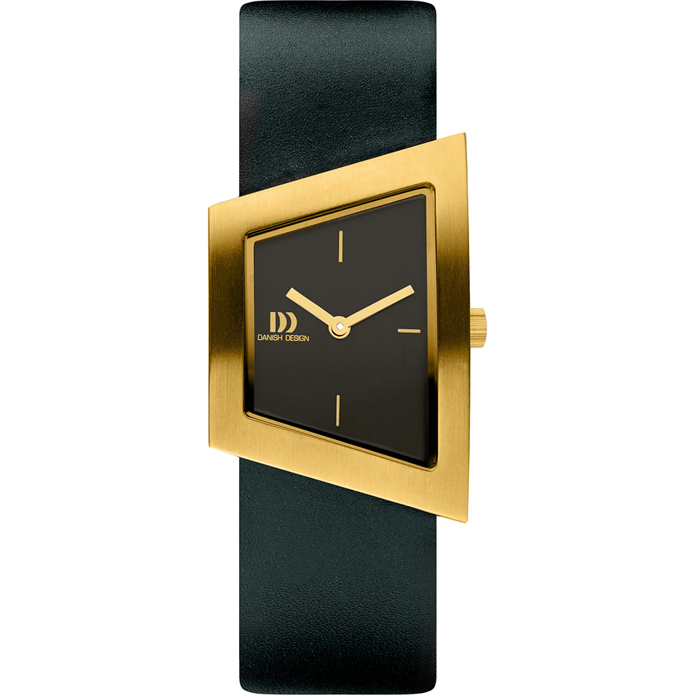 Reloj cuadrado con caja dorada, esfera negra y correa de cuero negra.