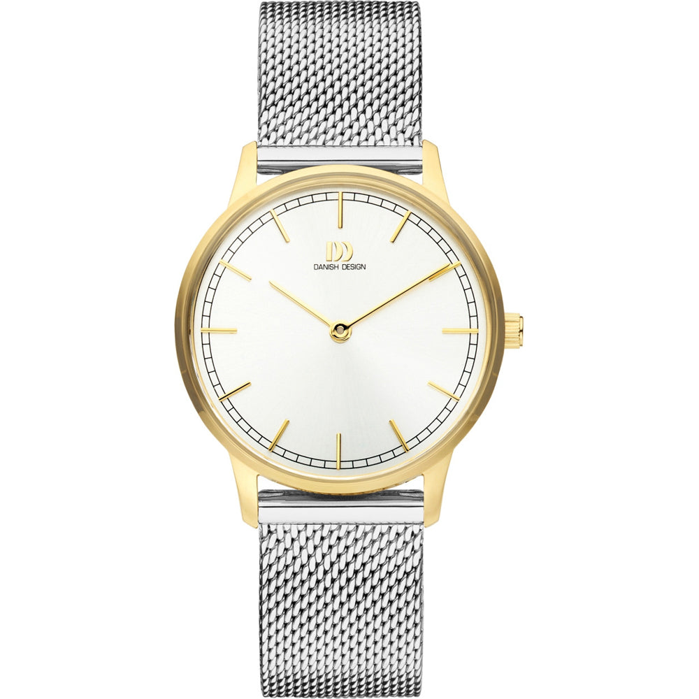 Reloj con esfera blanca, caja dorada y correa de malla plateada.