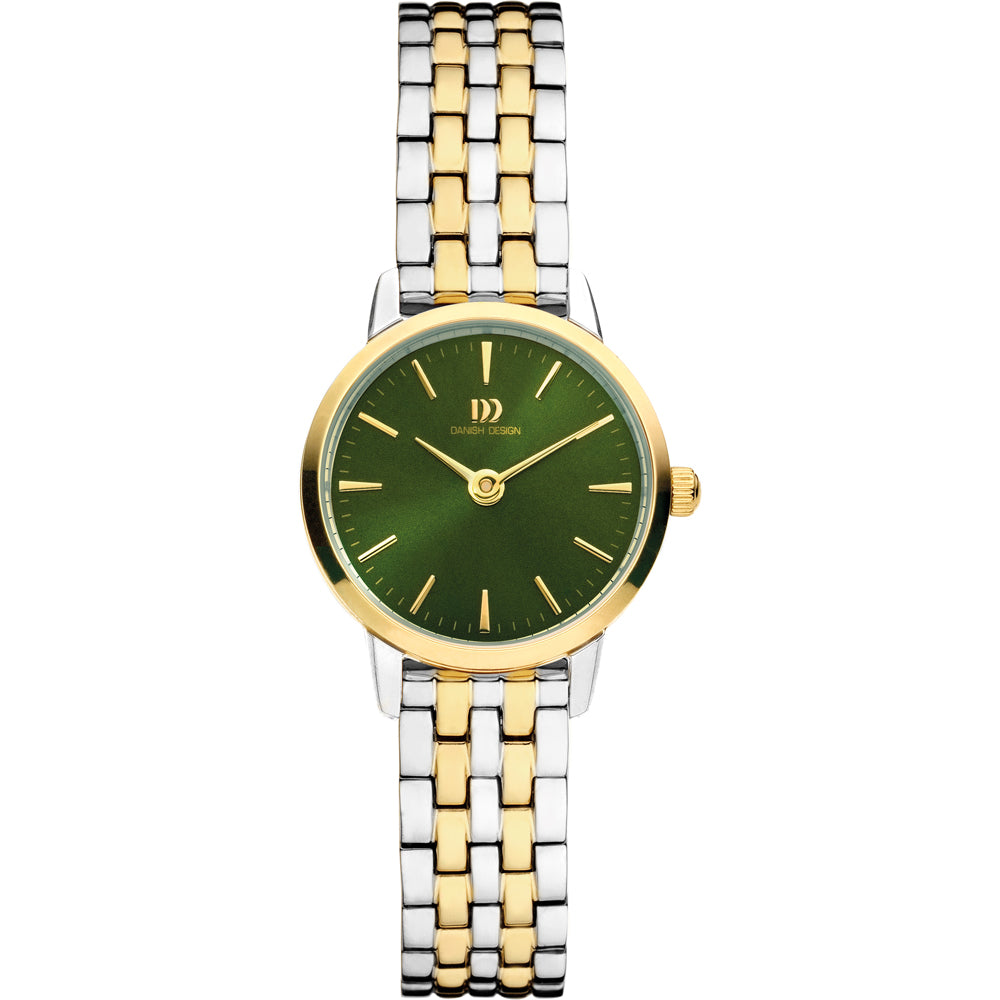 Reloj de mujer con esfera verde, caja dorada y pulsera de acero bicolor.