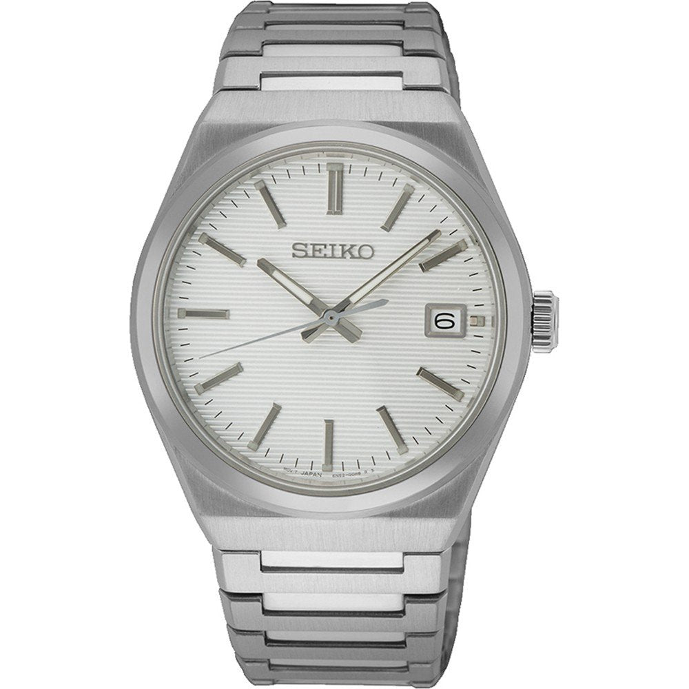 Reloj de hombre Seiko con caja plateada, esfera blanca y correa de acero inoxidable.