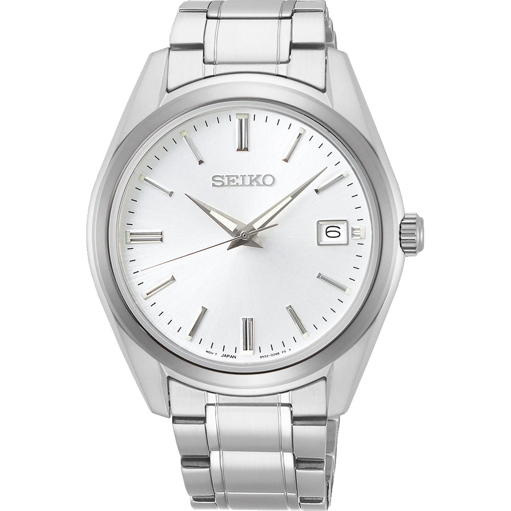 Reloj de hombre Seiko con caja plateada, esfera blanca y correa de acero inoxidable.