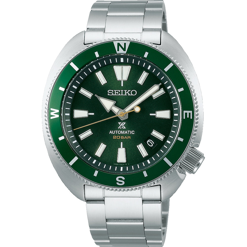 Reloj automático para hombre Seiko Prospex con esfera verde, caja de acero inoxidable y correa de acero.
