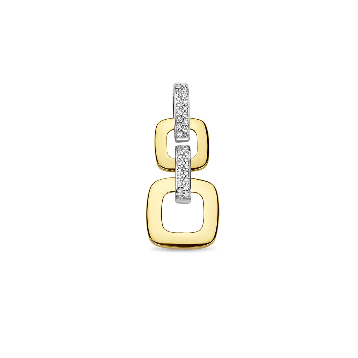 Colgante bicolor de oro amarillo y blanco con diamantes de 0.13 ct, con forma de eslabones cuadrados.