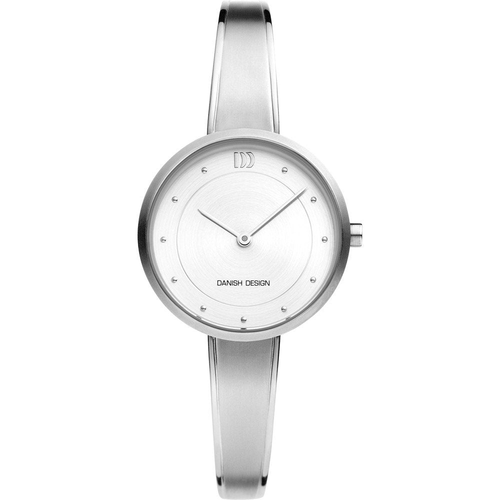 Reloj de mujer con esfera plateada, correa metálica y detalles brillantes en la esfera.