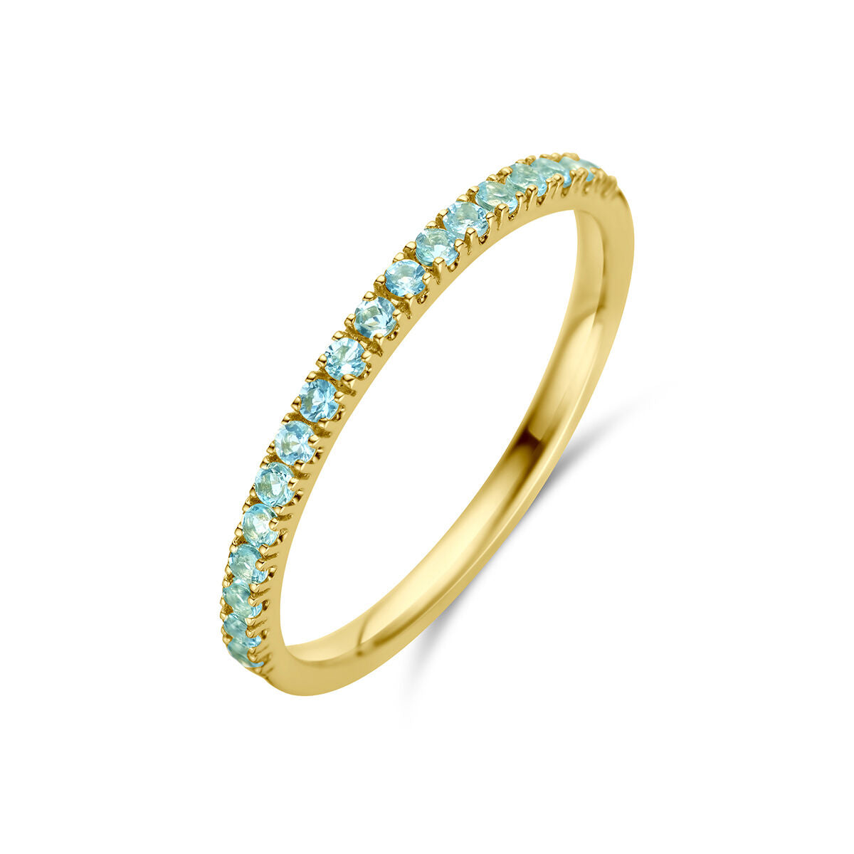 Anillo de oro amarillo de 14 quilates con piedras de aquamarina en un diseño delicado.