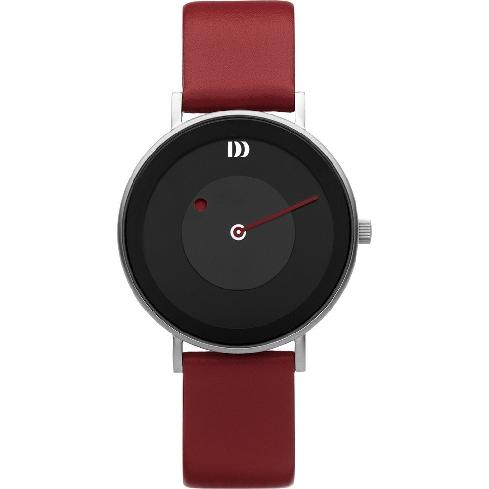 Reloj con esfera negra, correa de cuero roja y diseño minimalista.