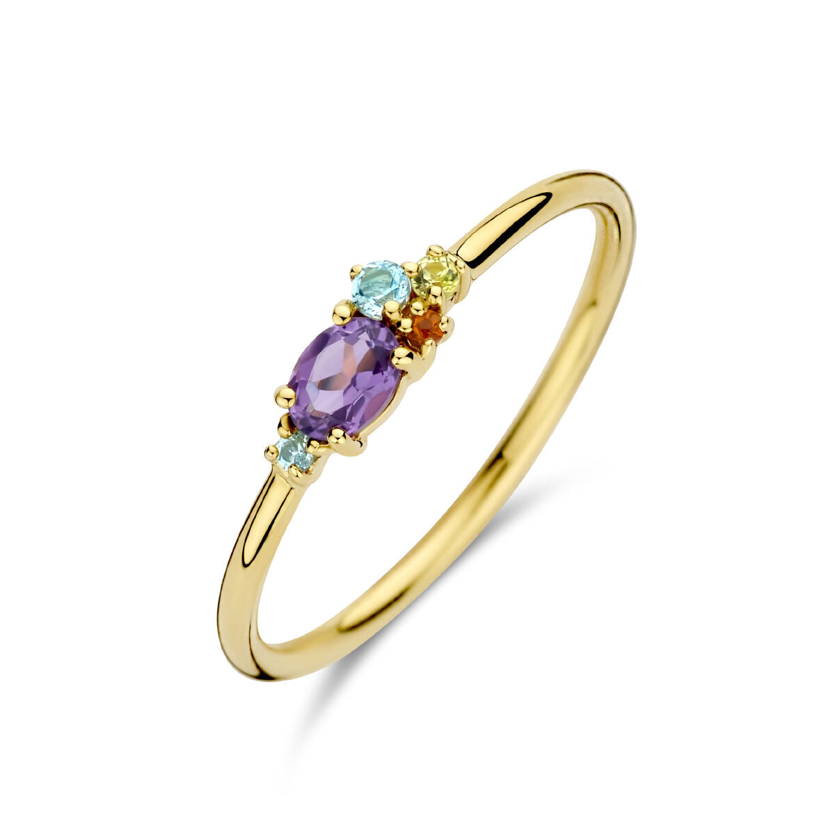 Anillo de oro amarillo de 14K con piedras preciosas naturales de colores, incluyendo amatista y topacio.