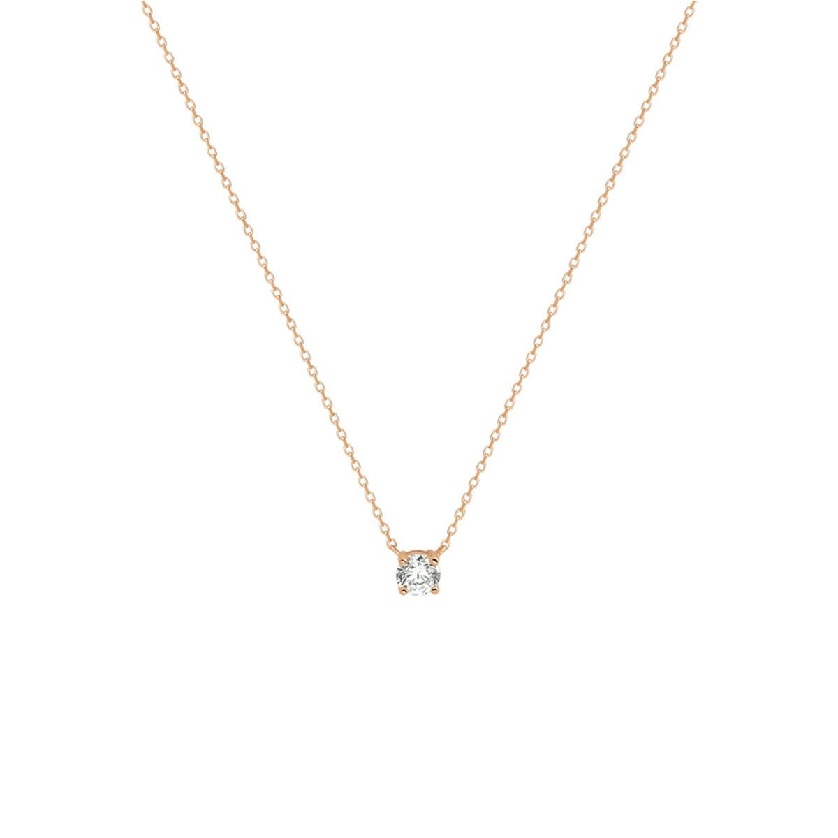 Collar de oro rosado de 14K con zirconia, cadena delicada y colgante brillante.