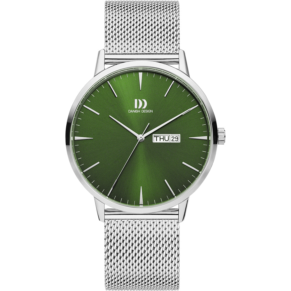 Reloj con esfera verde y correa de malla plateada, con indicador de día y fecha.