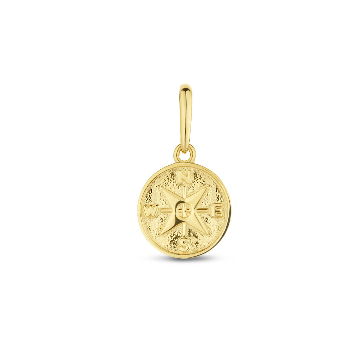 Colgante de brújula en oro amarillo de 14 quilates, con detalles grabados y forma redonda.