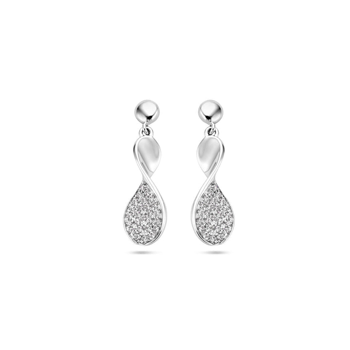 Een paar Van der Kooij Collectie oorhangers zirkonia zilver gerhodineerd met druppelvormige bungels bezet met fonkelende zirkonia, afgebeeld op een effen witte ondergrond.