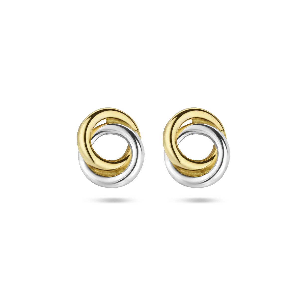 Pendientes de aro bicolores de 14K, con diseño entrelazado en oro amarillo y plata.