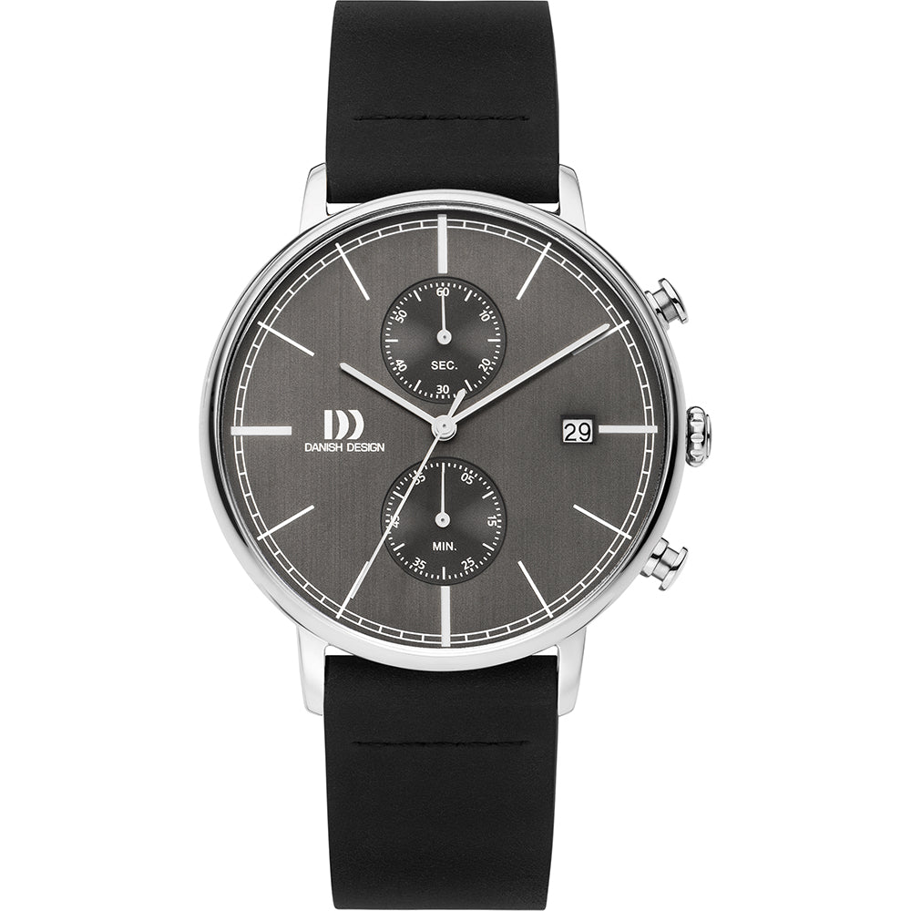 Reloj de hombre con esfera gris, correa negra de goma y detalles plateados.
